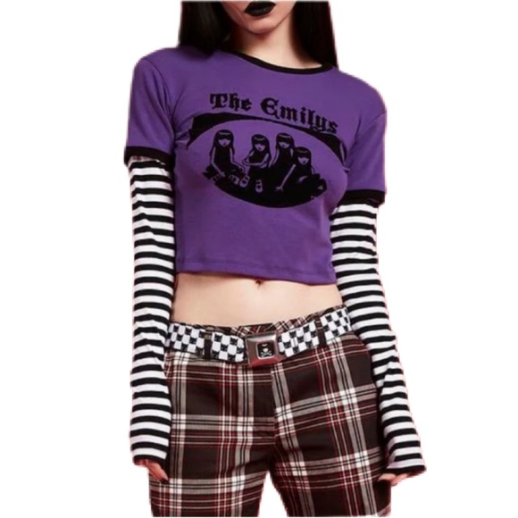 Dolls Kill Tops - Ghoul Group Emily Strange Dolls Kill Longsleeve Purple striped top velvet